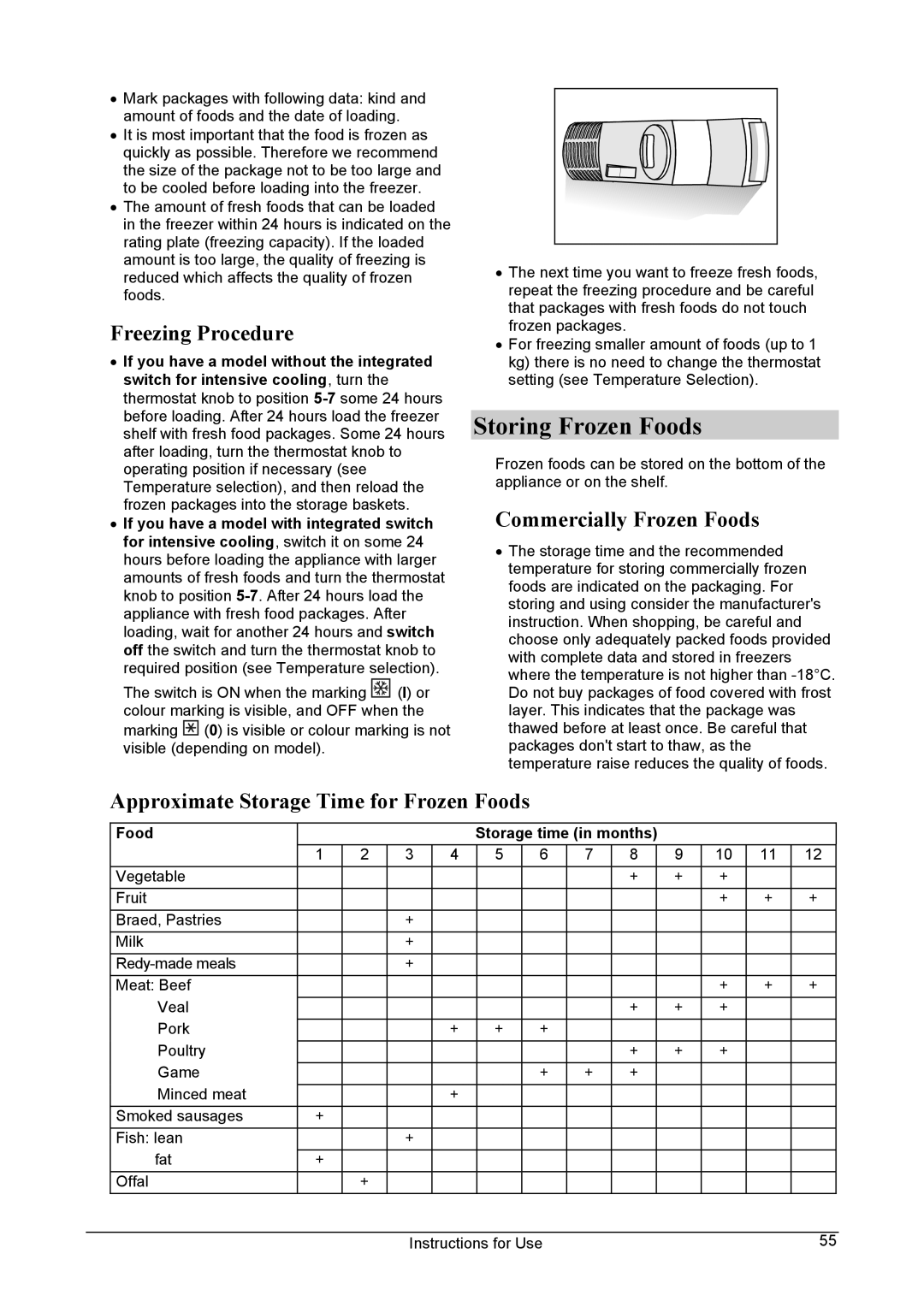 Smeg FA28AP Storing Frozen Foods, Freezing Procedure, Commercially Frozen Foods, Approximate Storage Time for Frozen Foods 