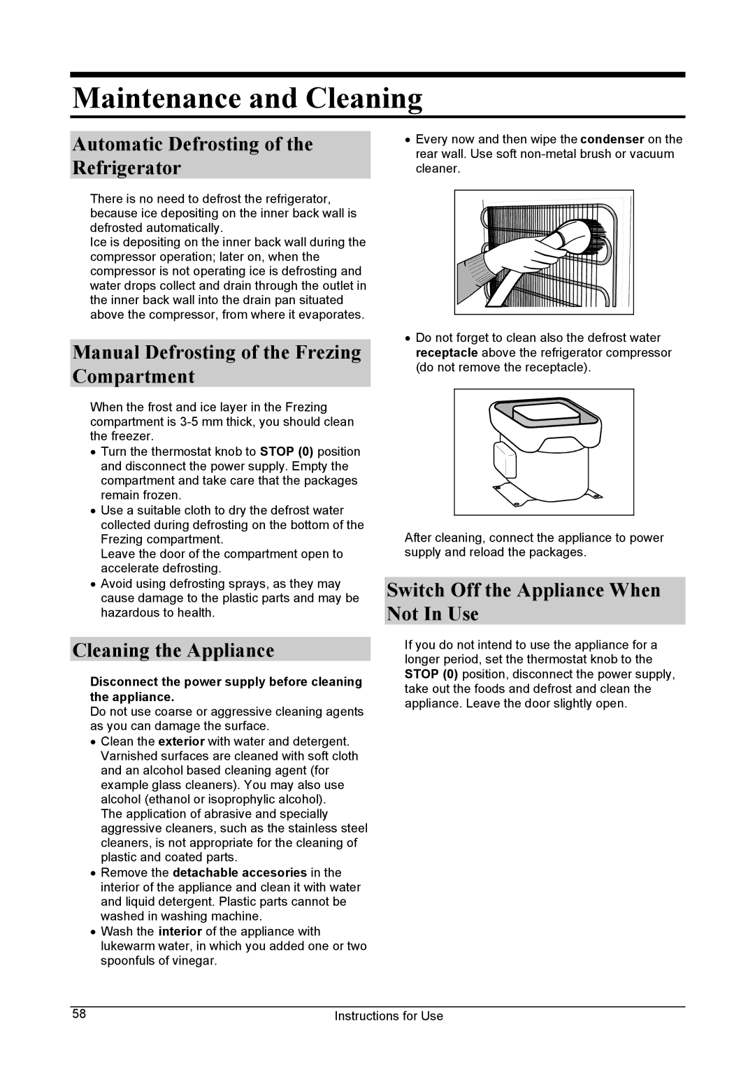 Smeg FA28B manual Maintenance and Cleaning, Automatic Defrosting of the Refrigerator, Cleaning the Appliance 