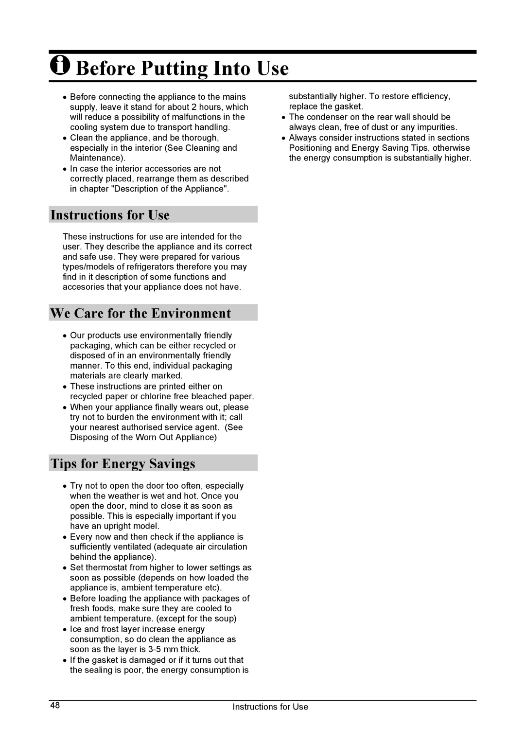 Smeg FA28B manual Before Putting Into Use, Instructions for Use, We Care for the Environment, Tips for Energy Savings 