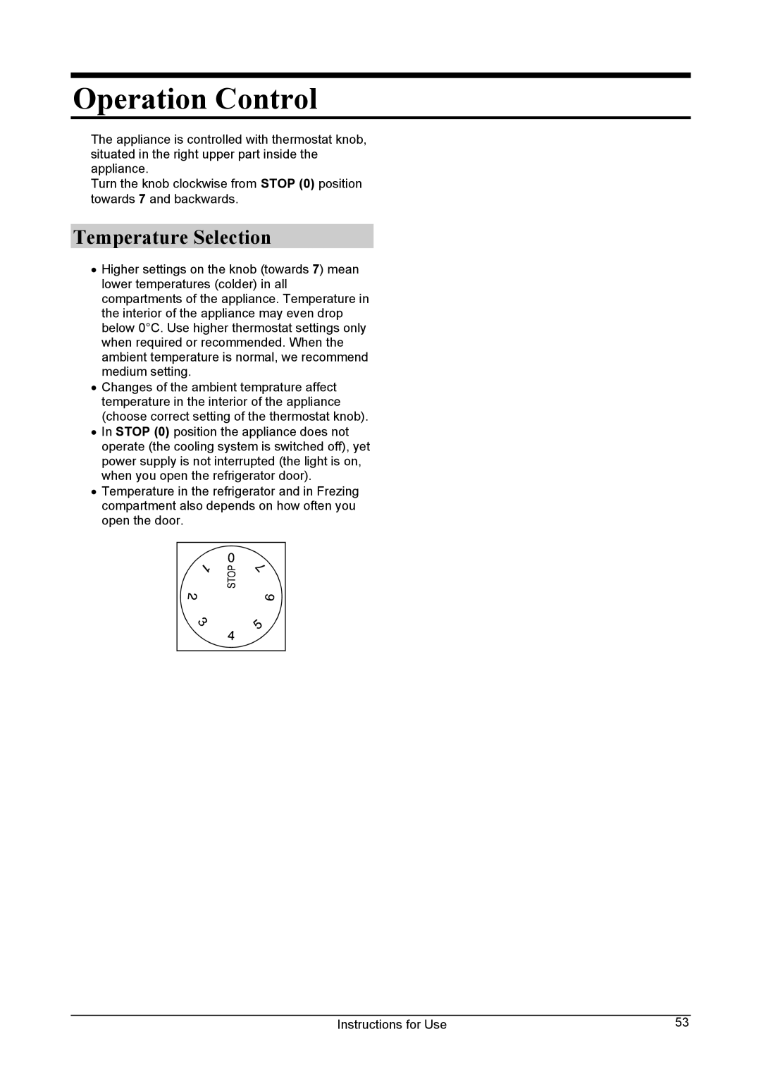 Smeg FA28B manual Operation Control, Temperature Selection 