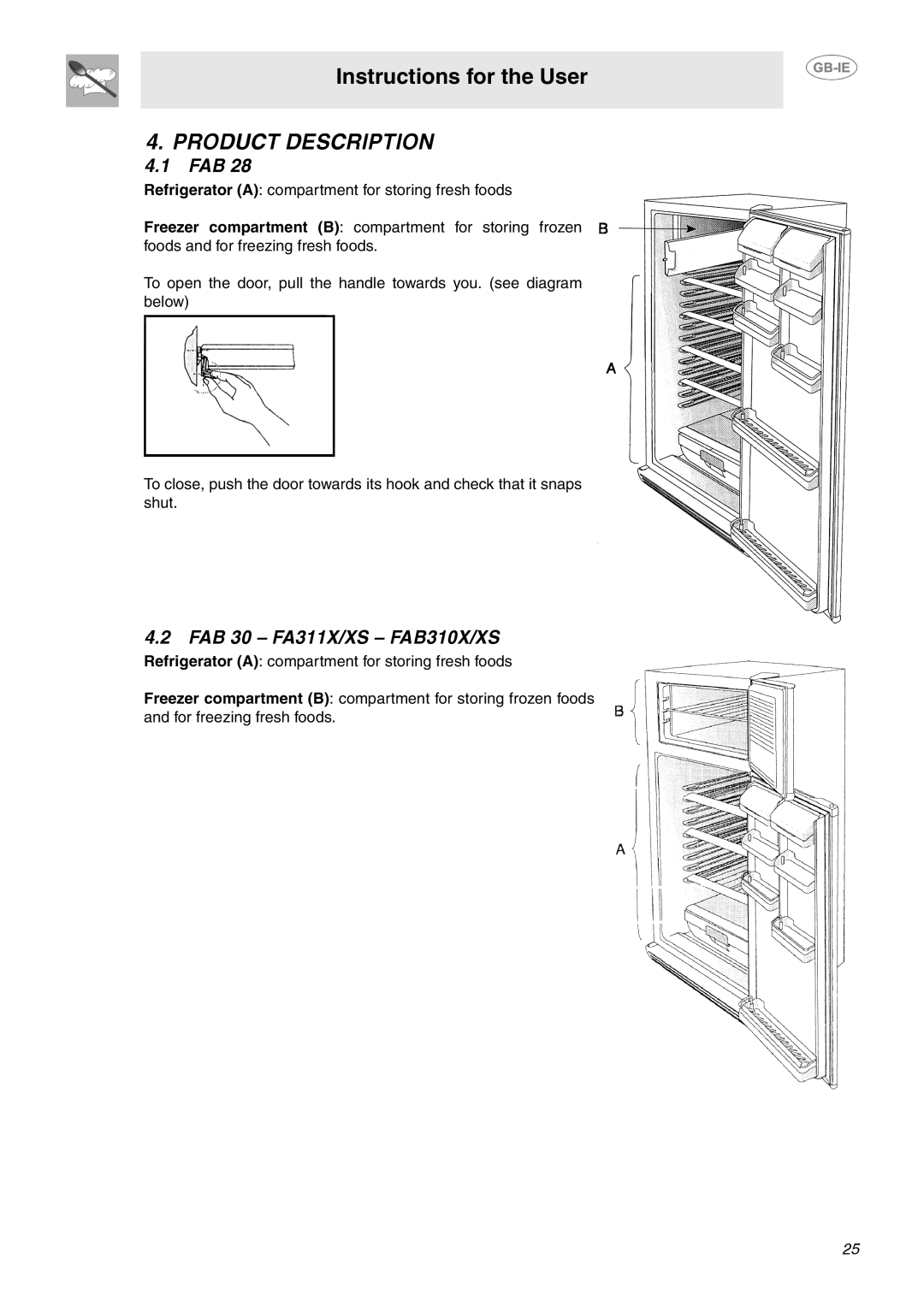 Smeg FA311X2, FA311X1, FA311X3 manual Product Description, Fab, FAB 30 FA311X/XS FAB310X/XS 