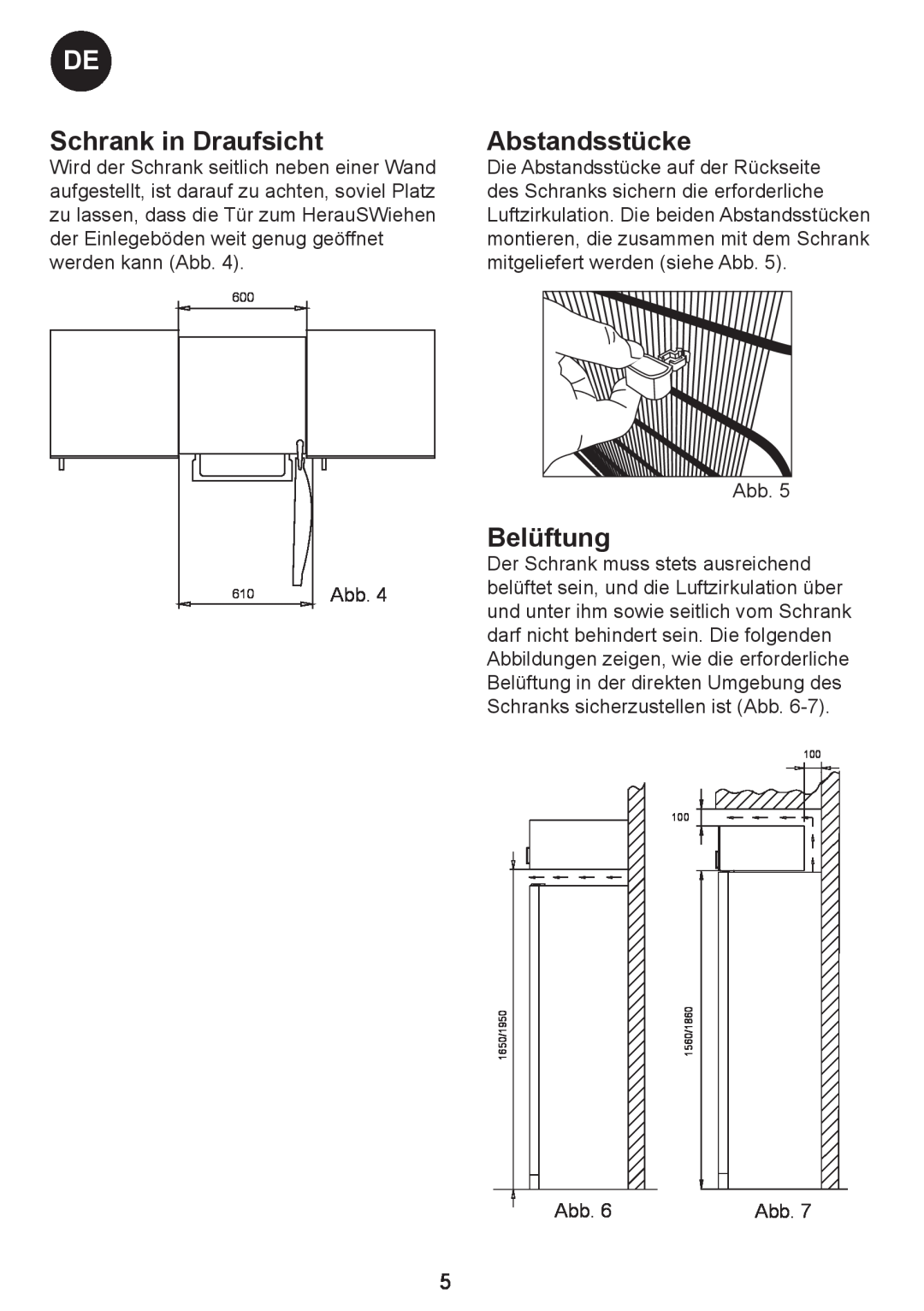Smeg FA40X5 manual Schrank in Draufsicht, Abstandsstücke, Belüftung, Abb 