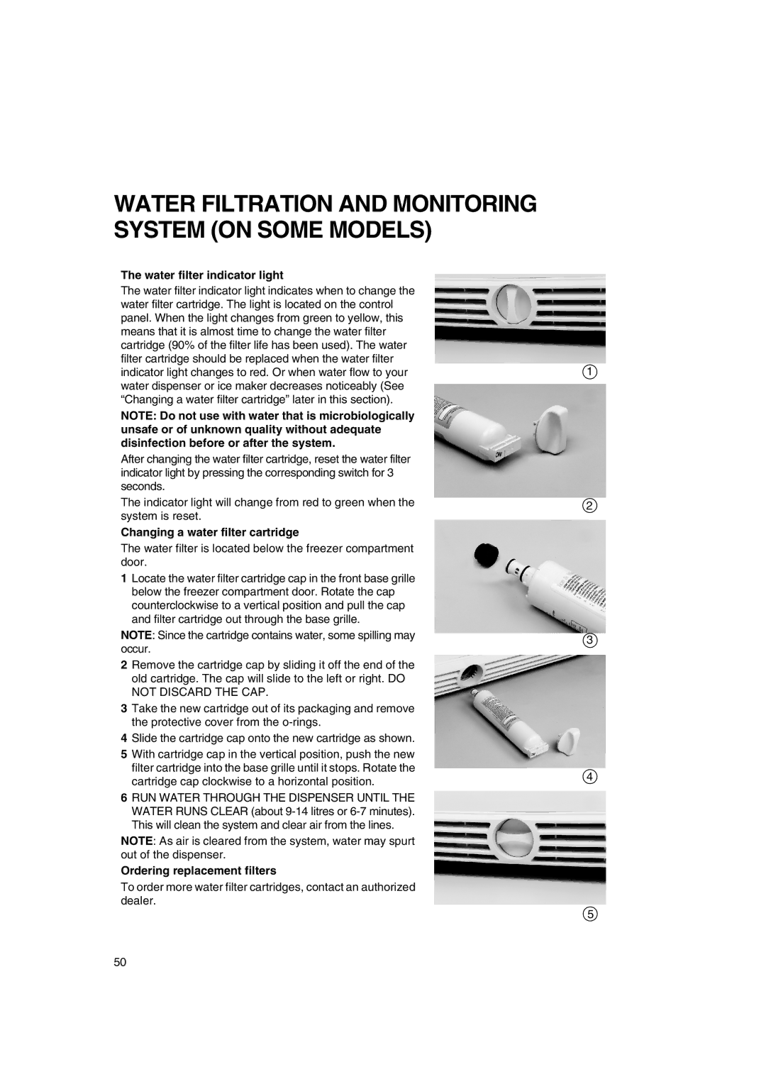 Smeg FA550XBI manual Water filter indicator light, Changing a water filter cartridge, Ordering replacement filters 