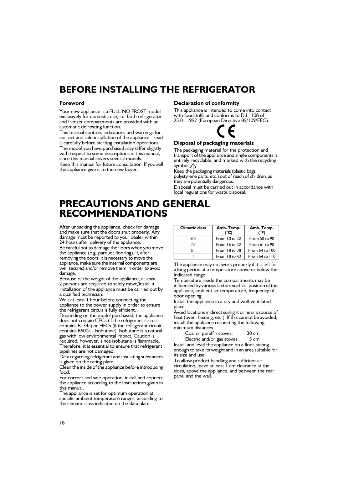 Smeg FA550XBI manual Before Installing the Refrigerator 