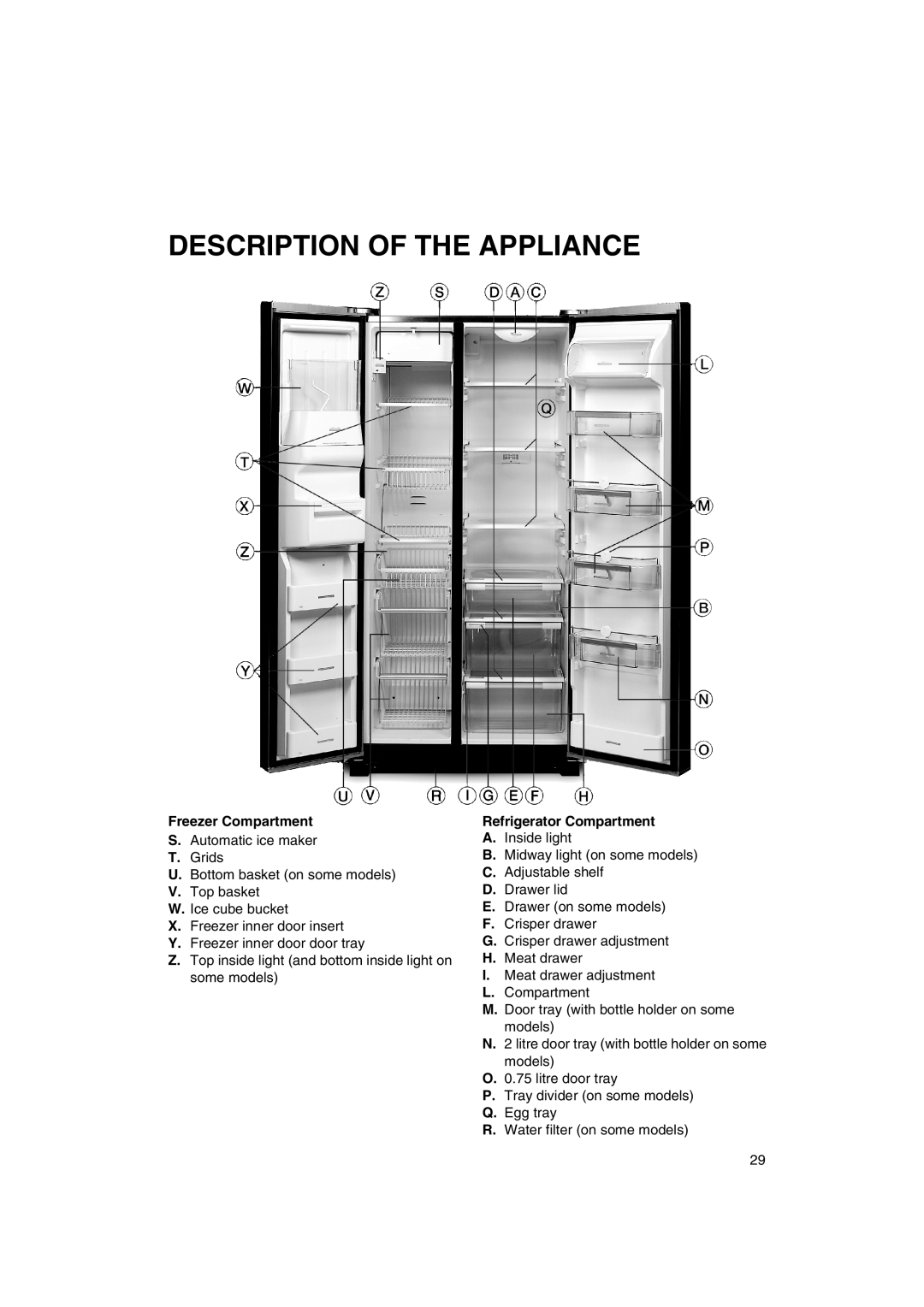 Smeg FA550XBI manual Description Of The Appliance, Freezer Compartment, Refrigerator Compartment 