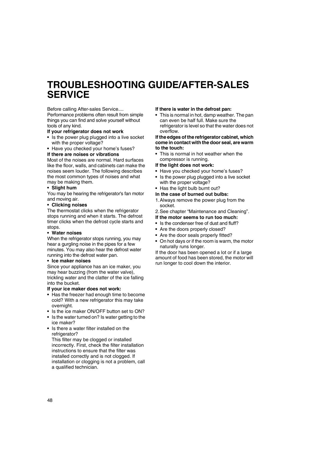 Smeg FA550X Troubleshooting Guide/After-Sales Service, If your refrigerator does not work, Slight hum, Clicking noises 