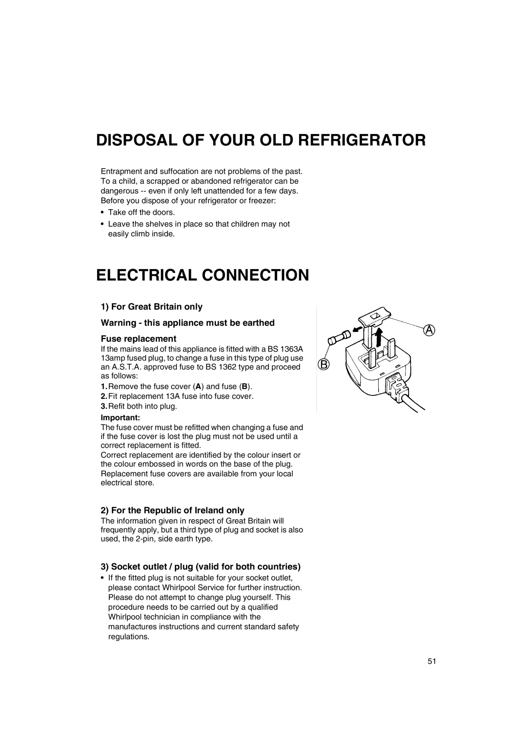 Smeg FA550XBI Disposal Of Your Old Refrigerator, Electrical Connection, Fuse replacement, For the Republic of Ireland only 