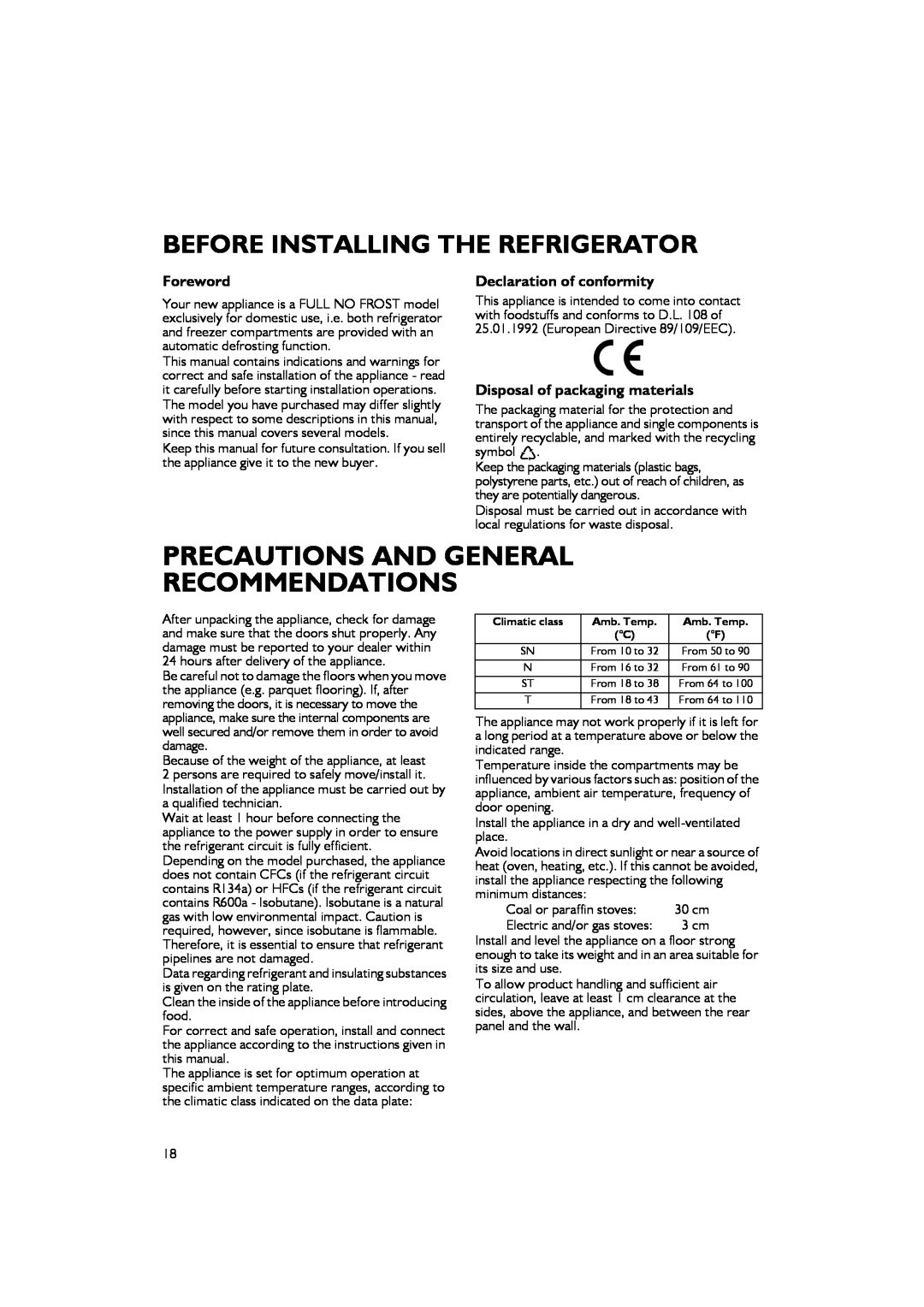 Smeg FA550XBI manual Precautions And General Recommendations, Before Installing The Refrigerator, Foreword 