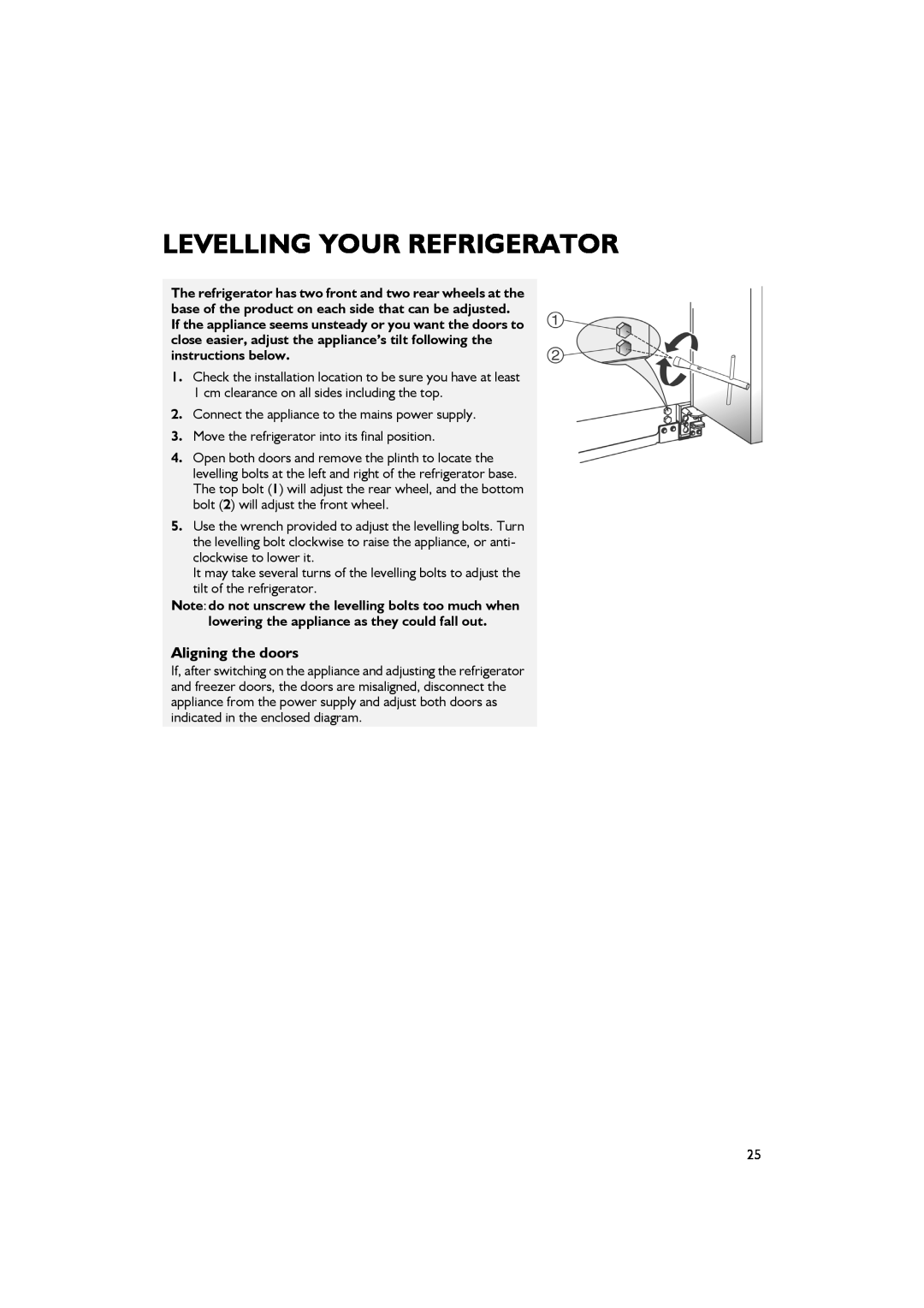 Smeg FA550XBI manual Levelling Your Refrigerator, Aligning the doors 