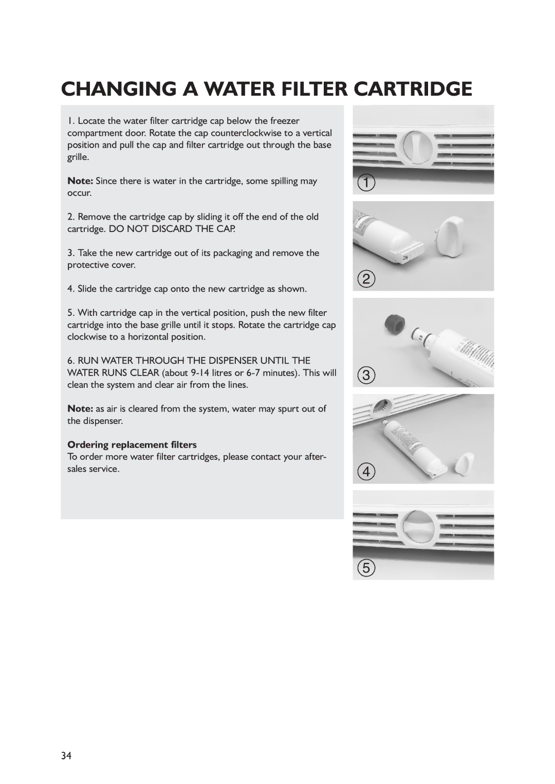 Smeg FA550XBI2, FA550X2 manual Changing a Water Filter Cartridge, Ordering replacement filters 