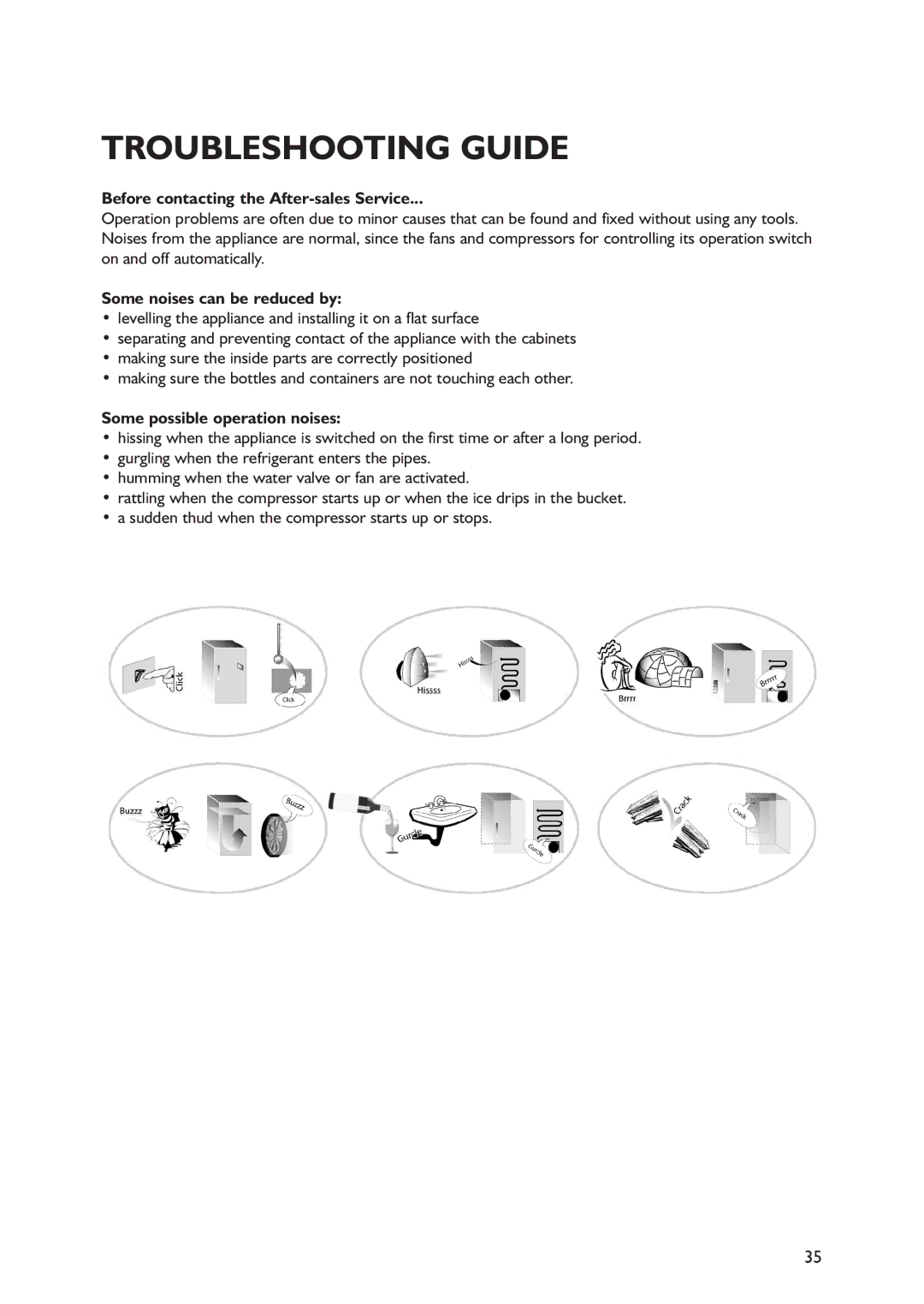 Smeg FA550X2, FA550XBI2 Troubleshooting Guide, Before contacting the After-sales Service, Some noises can be reduced by 