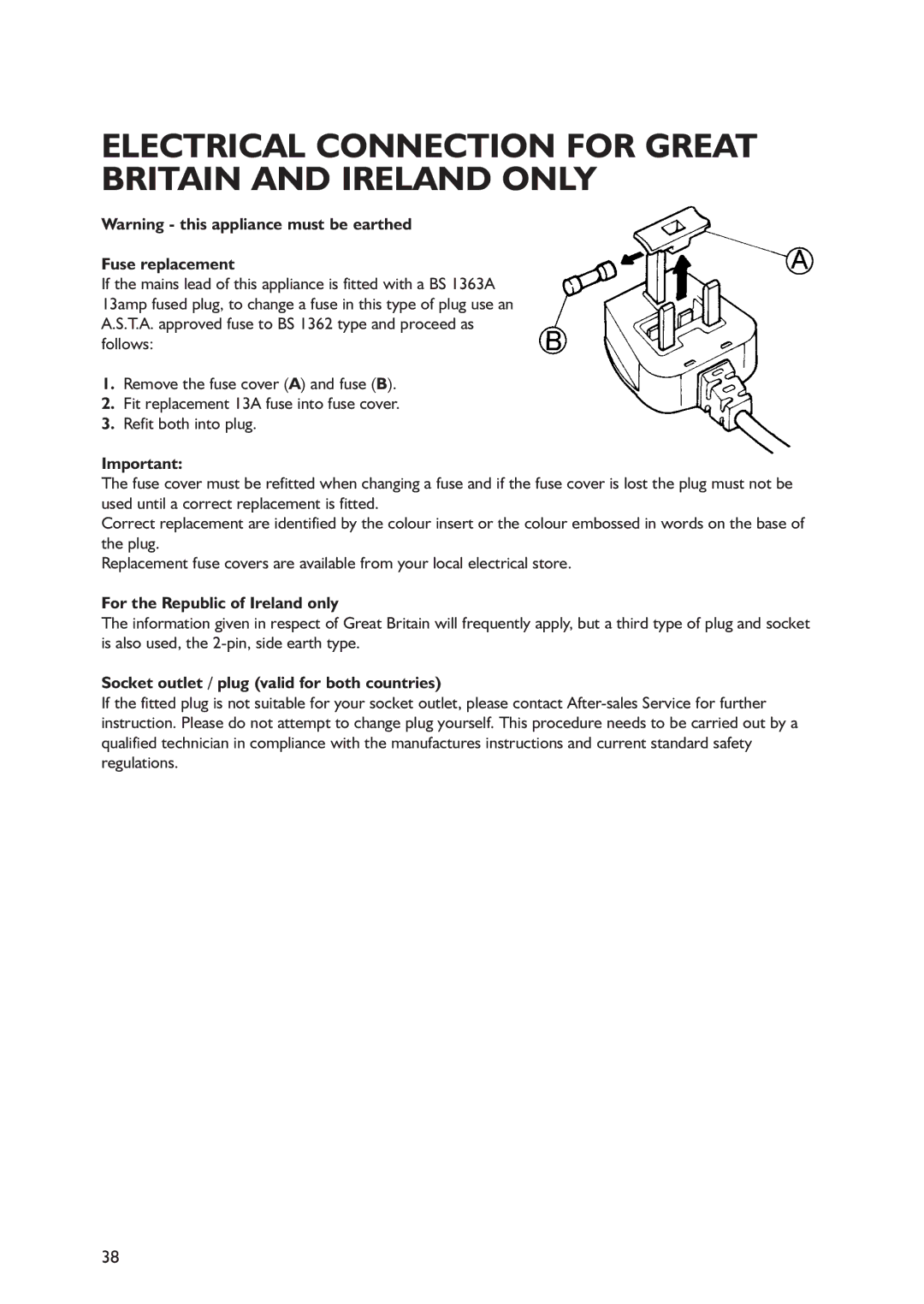 Smeg FA550XBI2, FA550X2 manual Electrical Connection for Great Britain and Ireland only, Fuse replacement 