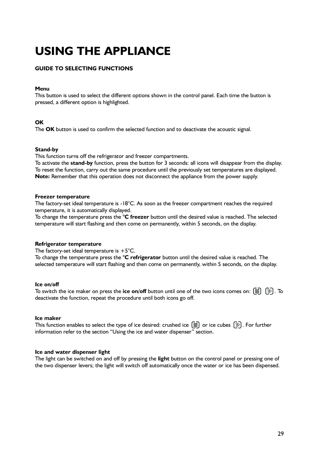 Smeg FA550X2, FA550XBI2 manual Guide to Selecting Functions 