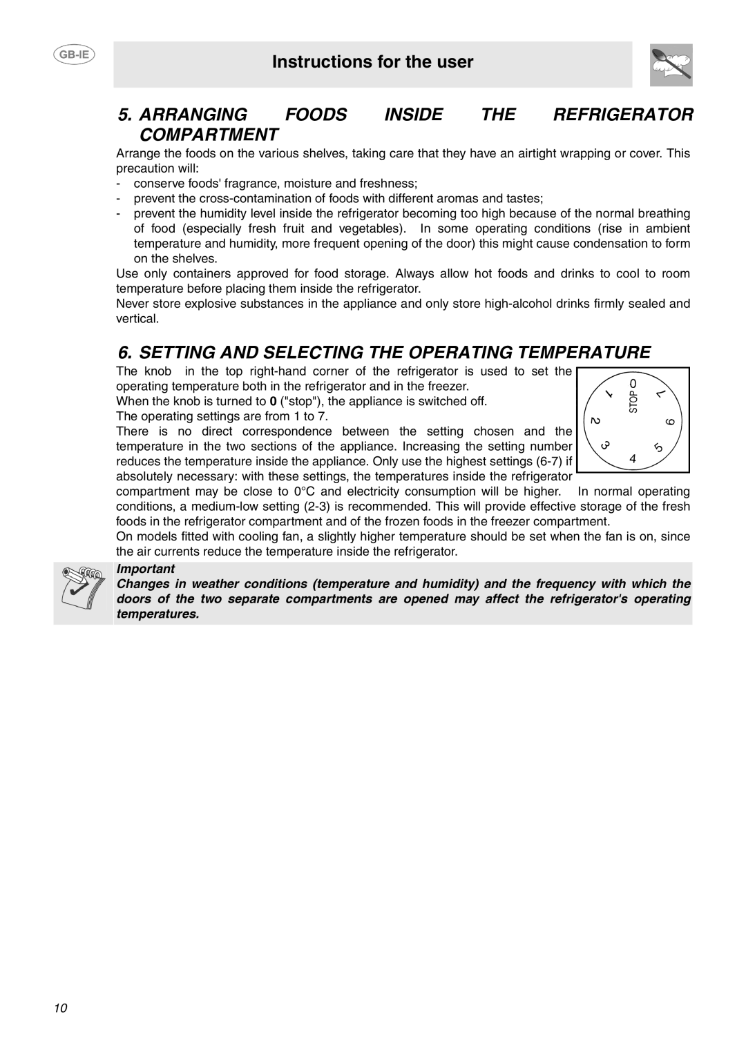 Smeg FAB28JR, FAB28JP Arranging Foods Inside the Refrigerator Compartment, Setting and Selecting the Operating Temperature 