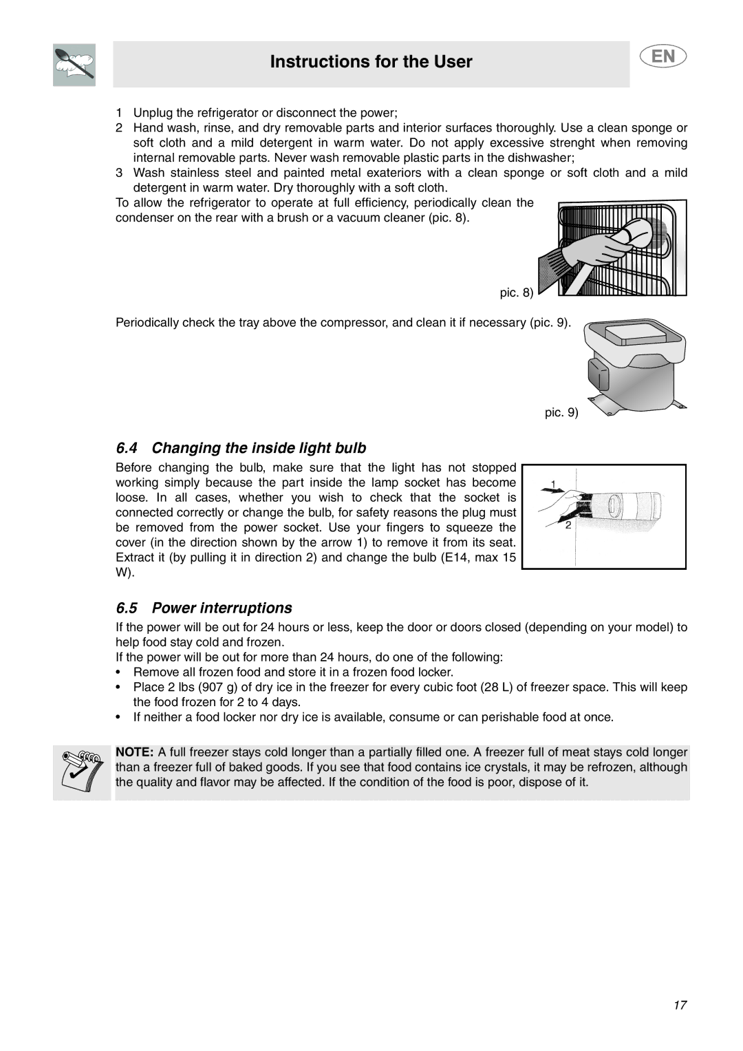 Smeg FAB28MCUS important safety instructions Changing the inside light bulb, Power interruptions 