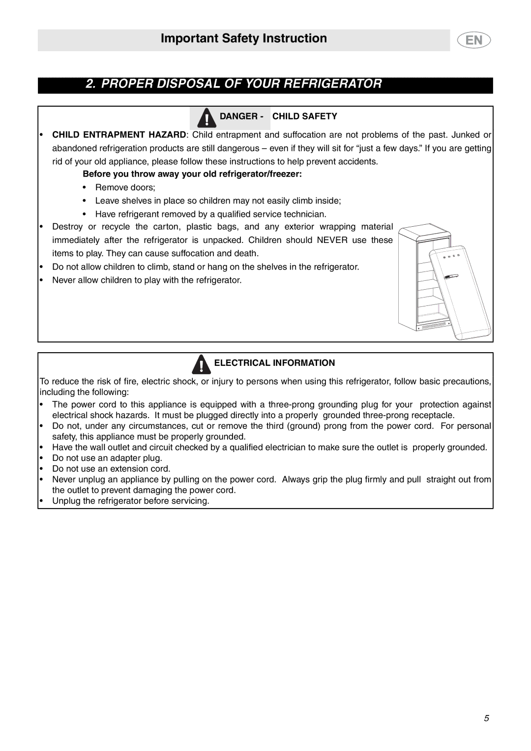 Smeg FAB28MCUS important safety instructions Before you throw away your old refrigerator/freezer, Electrical Information 