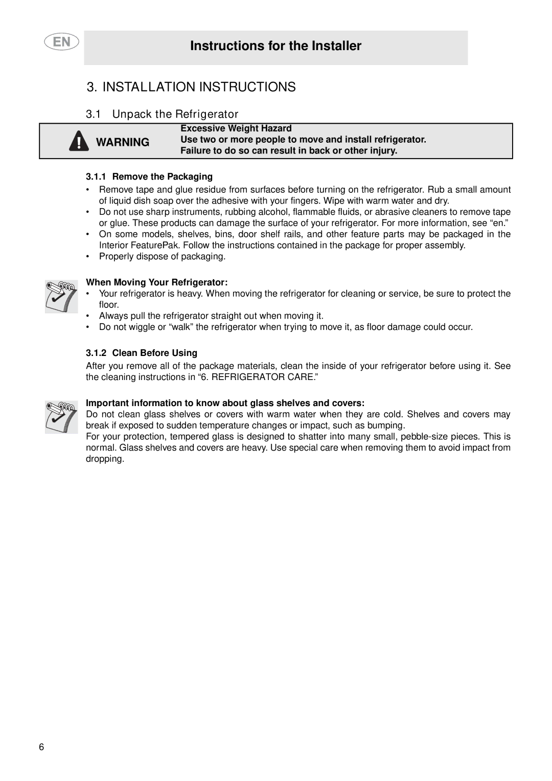 Smeg FAB28MCUS Installation Instructions, Unpack the Refrigerator, When Moving Your Refrigerator, Clean Before Using 