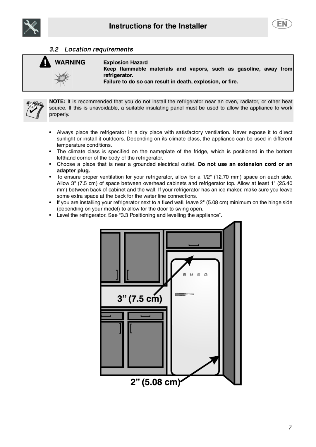 Smeg FAB28MCUS important safety instructions Location requirements, Explosion Hazard, Refrigerator 