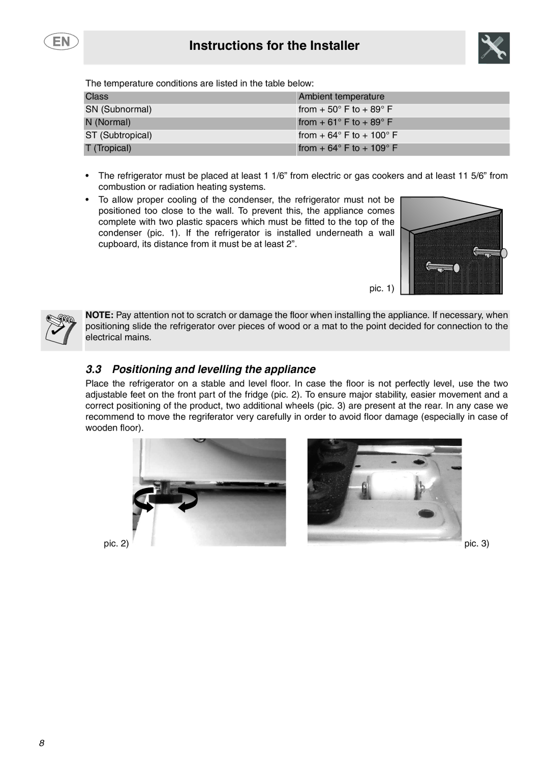 Smeg FAB28MCUS important safety instructions Positioning and levelling the appliance 