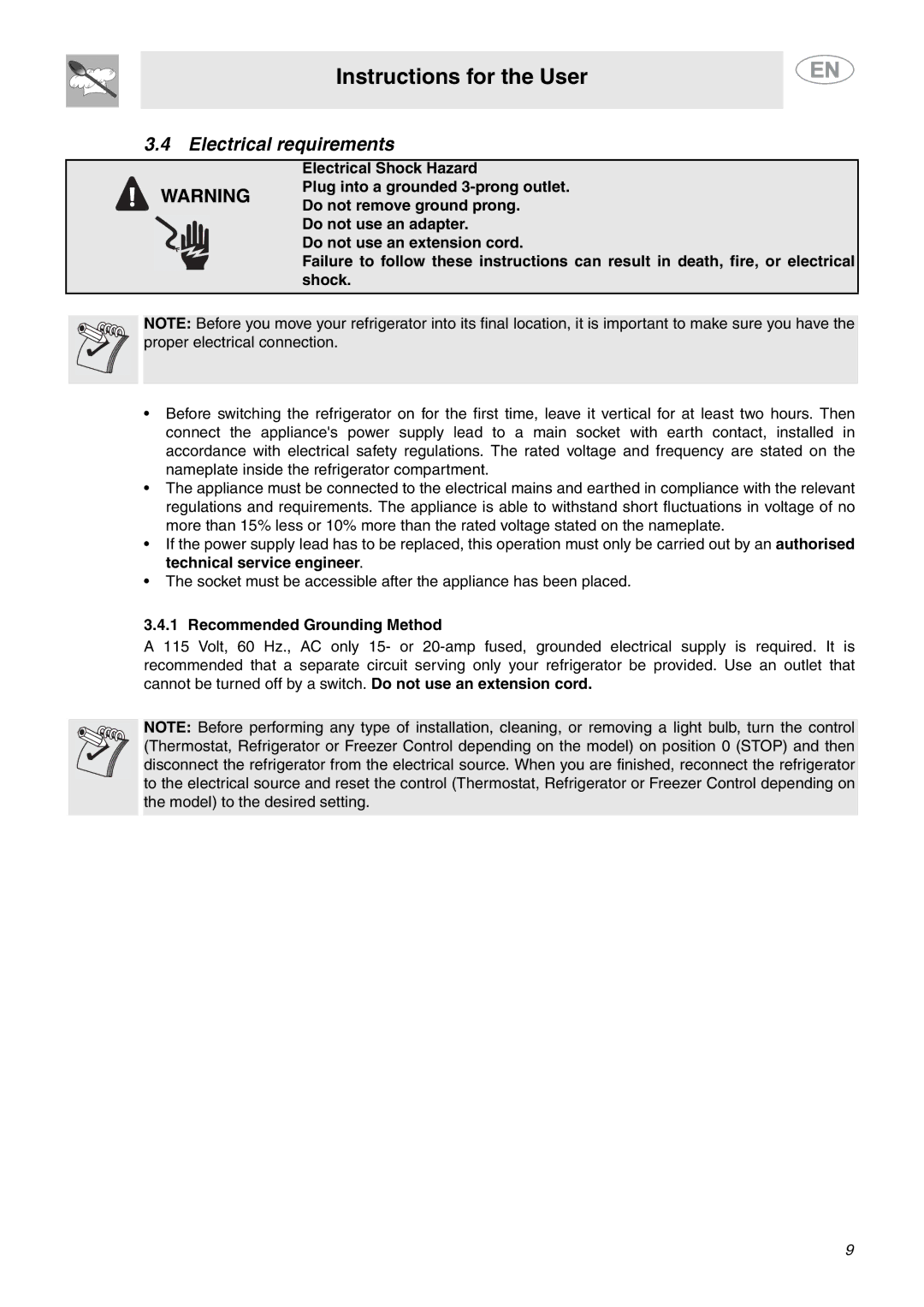 Smeg FAB28MCUS important safety instructions Electrical requirements, Recommended Grounding Method 