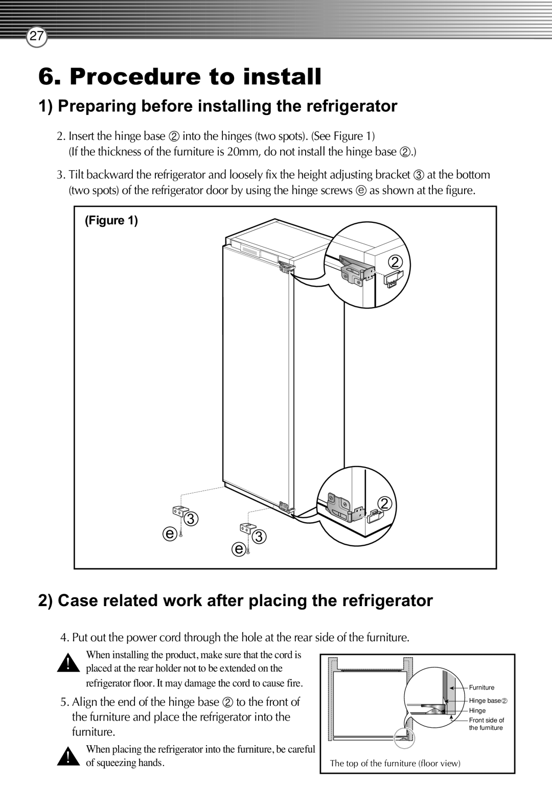 Smeg FB30AFNF, LB30AFNF manual At the bottom, Insert the hinge base into the hinges two spots. See Figure 