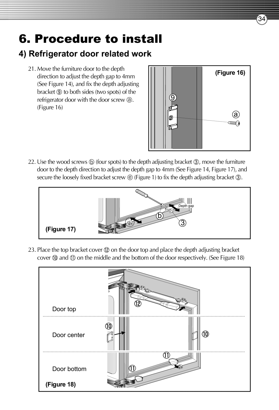 Smeg LB30AFNF, FB30AFNF manual Door top Door center Door bottom, To fix the depth adjusting bracket 