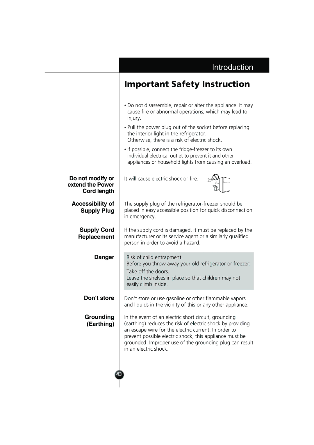 Smeg LB30AFNF, FB30AFNF manual Do not modify or extend the Power Cord length 