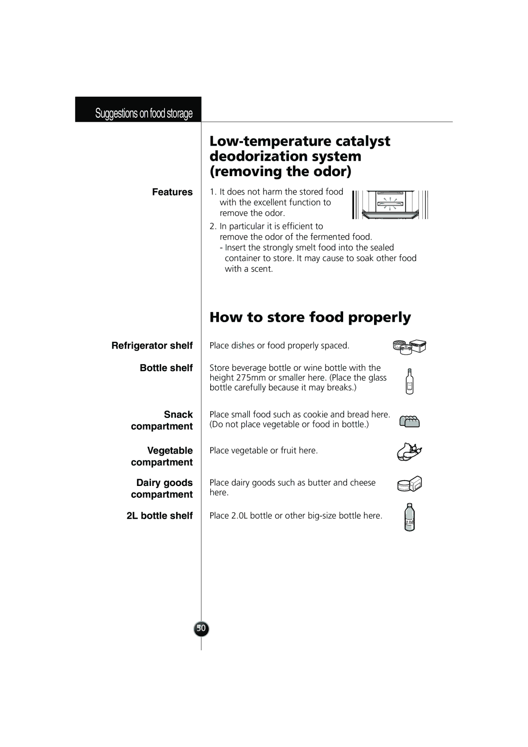 Smeg FB30AFNF, LB30AFNF manual How to store food properly, Refrigerator shelf Bottle shelf Snack compartment 