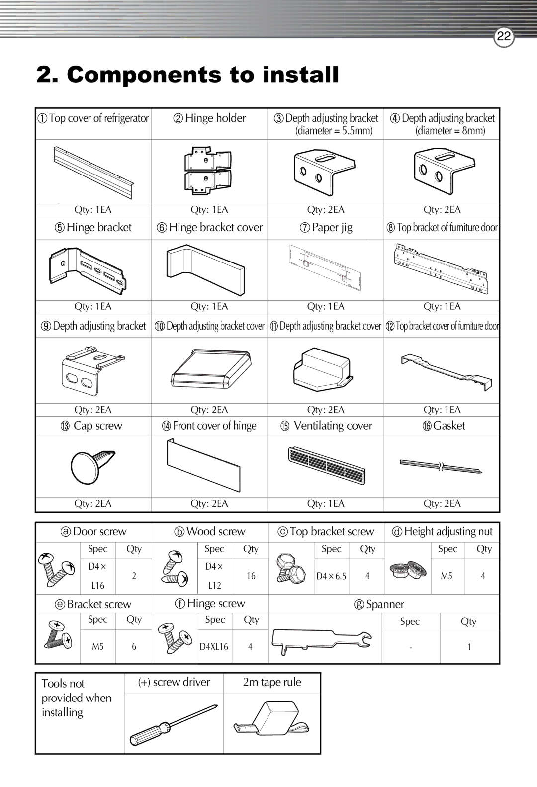 Smeg LB30AFNF Top cover of refrigerator Hinge holder, Hinge bracket Hinge bracket cover Paper jig, Door screw, Spanner 