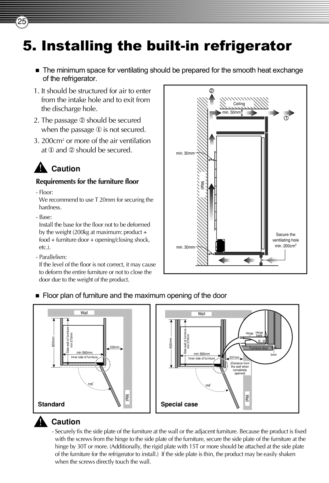 Smeg FB30AFNF, LB30AFNF Installing the built-in refrigerator, Floor plan of furniture and the maximum opening of the door 