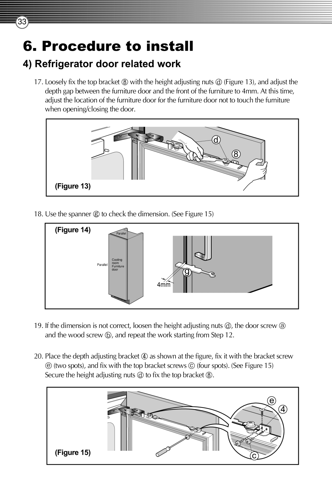 Smeg FB30AFNF, LB30AFNF manual Procedure to install, Refrigerator door related work 