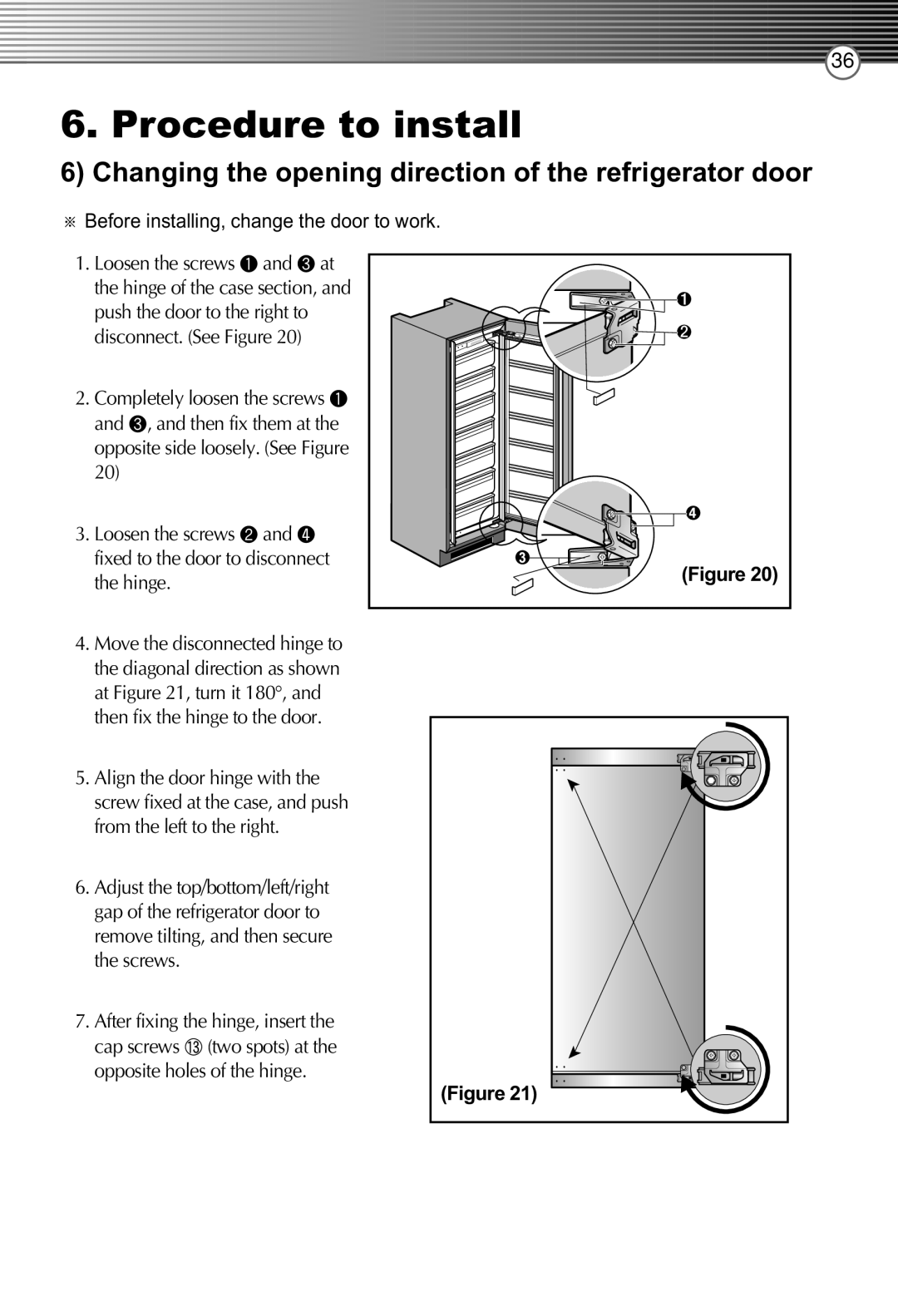 Smeg LB30AFNF manual Procedure to install, Before installing, change the door to work, After fixing the hinge, insert the 