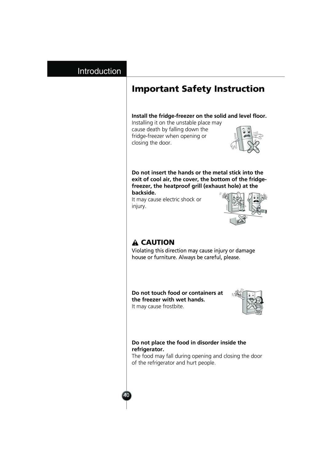 Smeg FB30AFNF, LB30AFNF manual Important Safety Instruction, Introduction, Installing it on the unstable place may 