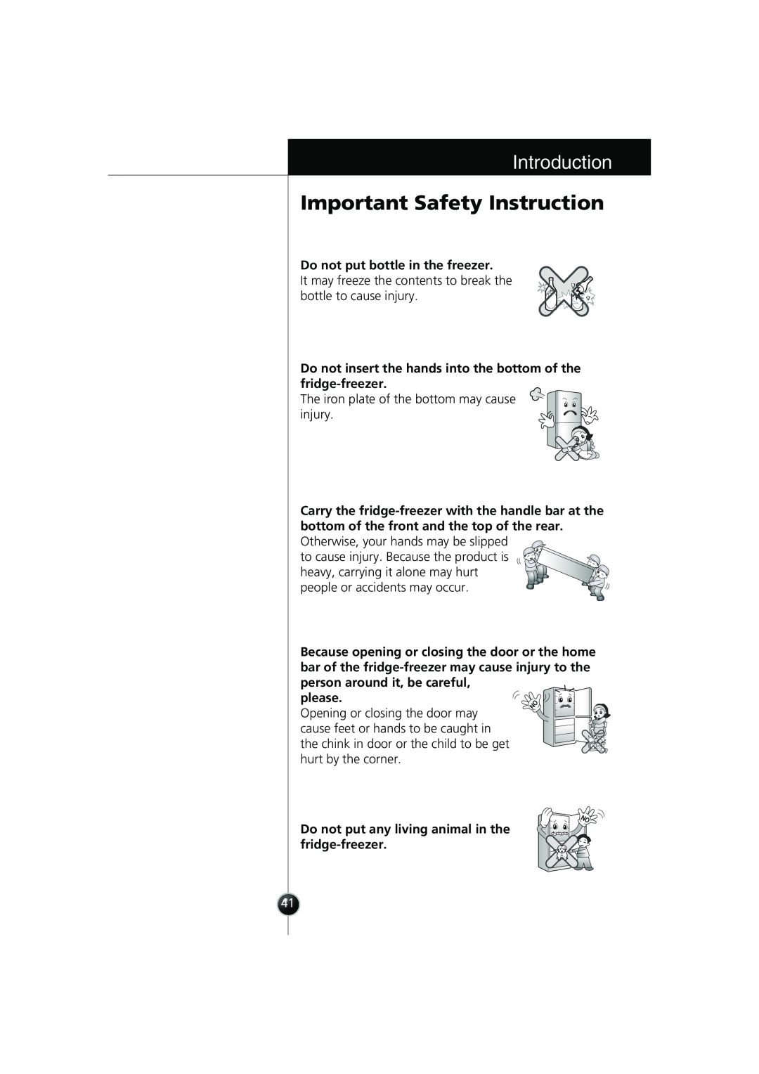 Smeg LB30AFNF, FB30AFNF manual Important Safety Instruction, Introduction, Do not put bottle in the freezer 