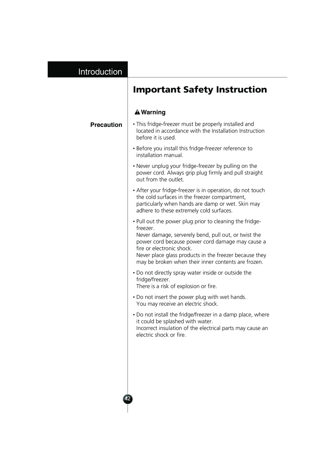 Smeg FB30AFNF, LB30AFNF manual Precaution, Important Safety Instruction, Introduction 
