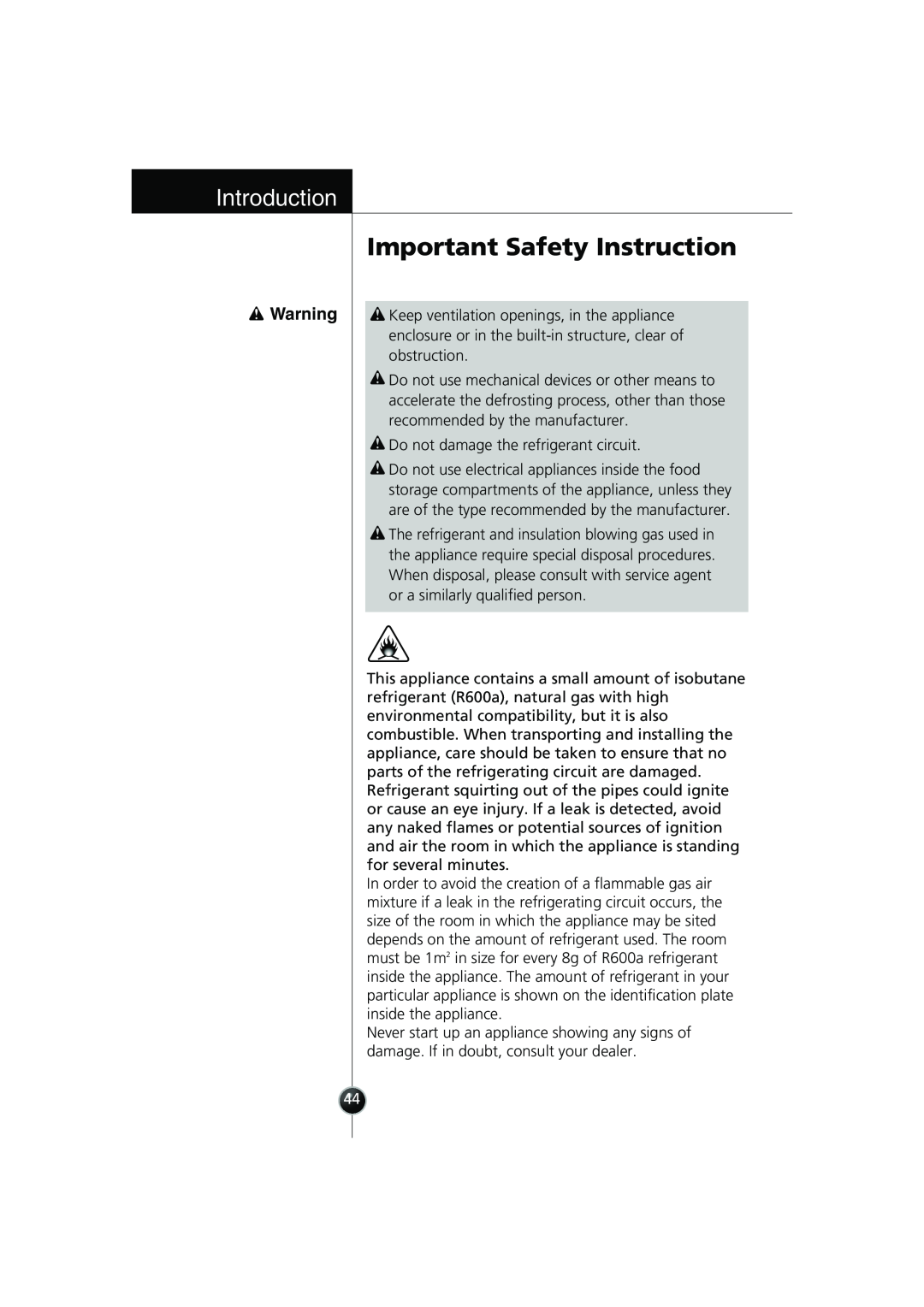 Smeg FB30AFNF, LB30AFNF manual Important Safety Instruction, Introduction, Do not damage the refrigerant circuit 