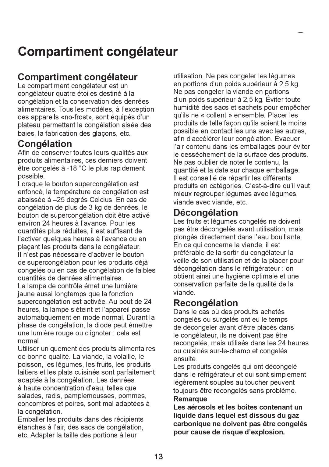 Smeg FC310AL manual Compartiment congélateur, Congélation, Décongélation, Recongélation, Remarque 
