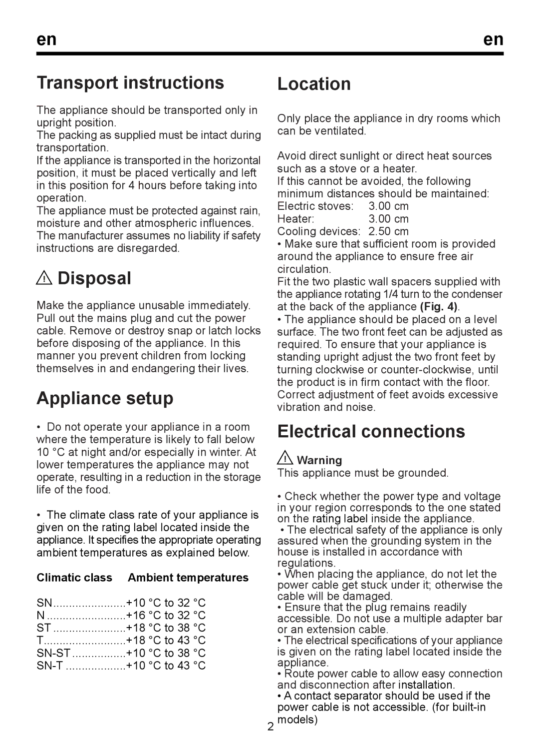 Smeg FC320BNF instruction manual Transport instructions Location, Disposal, Appliance setup, Electrical connections 