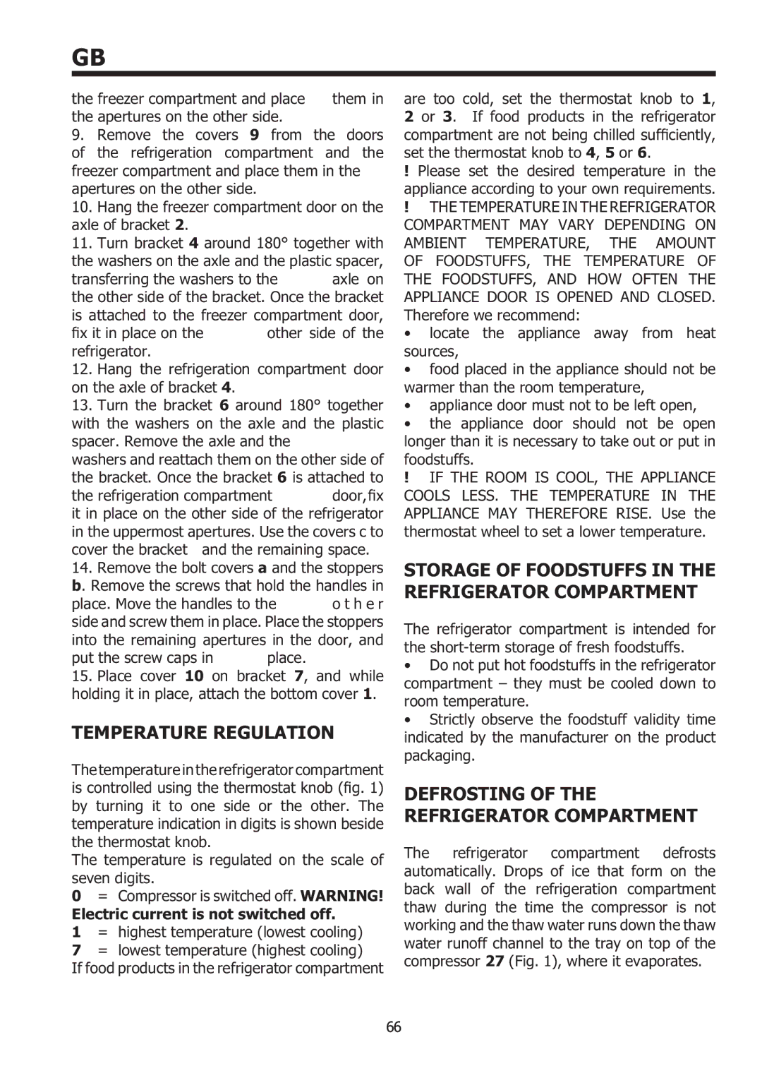 Smeg FC35AP, FC32AP manual Temperature Regulation, Storage of Foodstuffs in the Refrigerator Compartment 