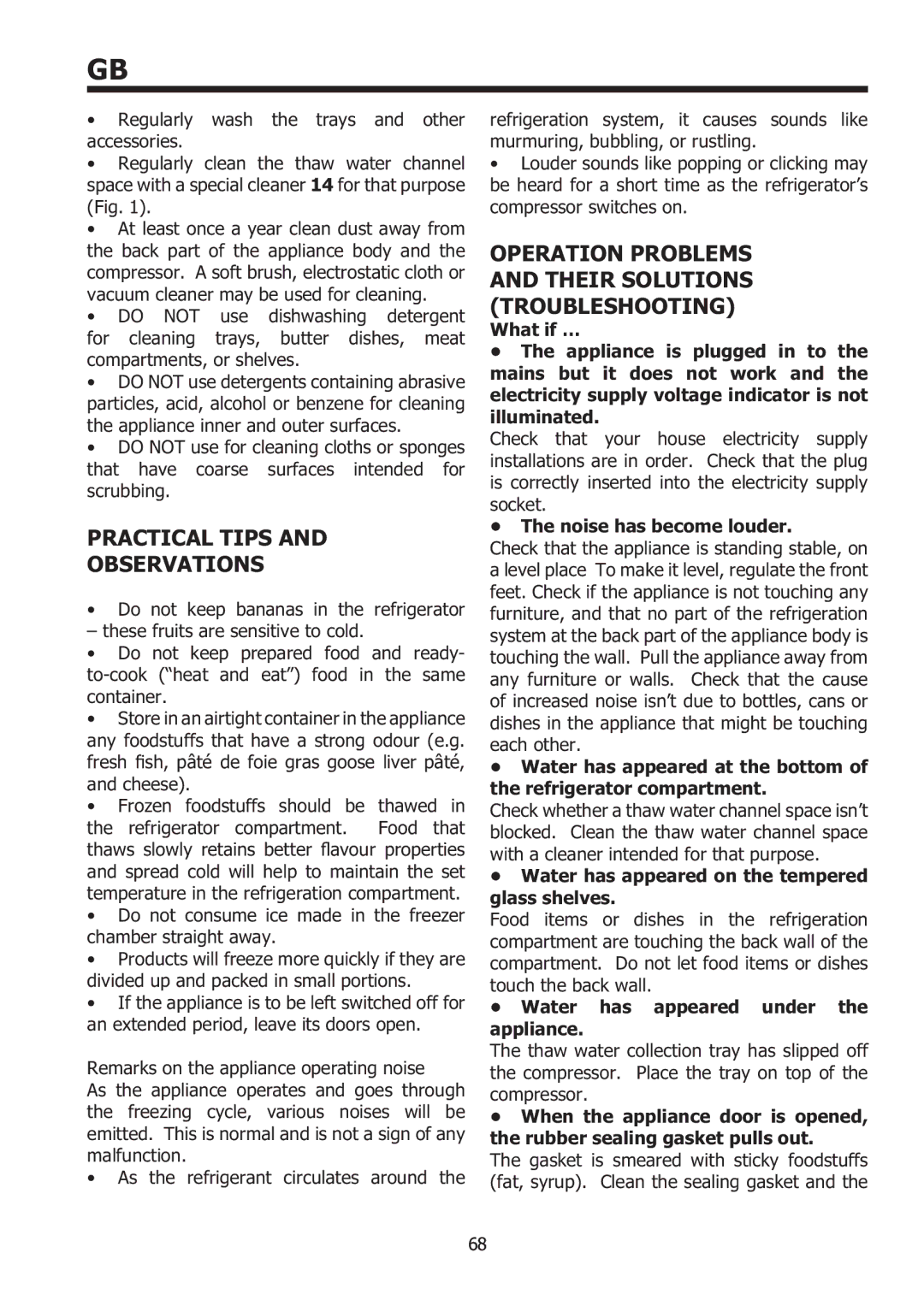 Smeg FC35AP Practical Tips Observations, Operation Problems and Their Solutions Troubleshooting, Noise has become louder 