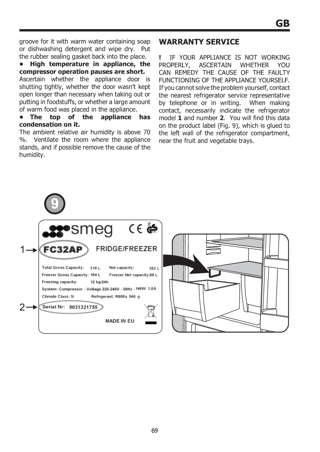 Smeg FC32AP, FC35AP manual Warranty Service, Top of the appliance has condensation on it 