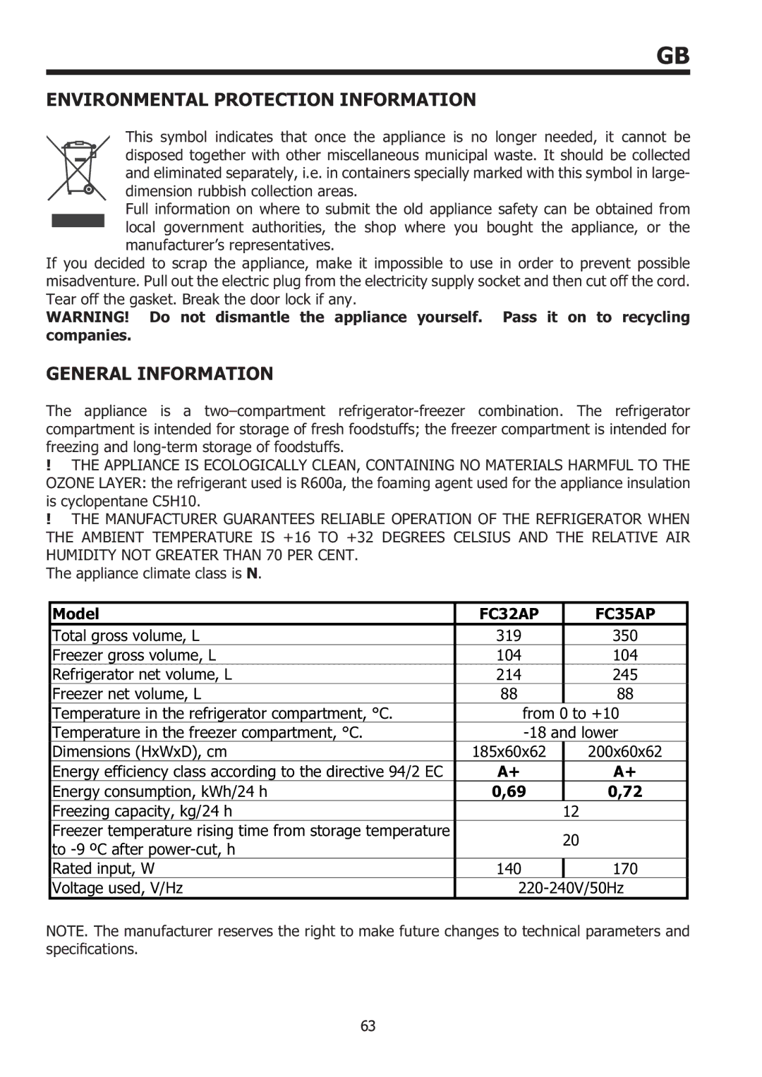 Smeg FC32AP, FC35AP manual Environmental Protection Information, General Information, Model 