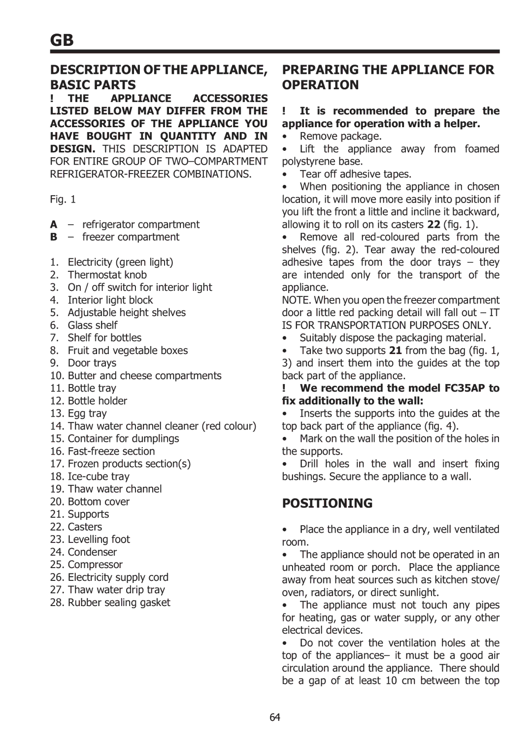 Smeg FC35AP, FC32AP manual Description of the APPLIANCE, Basic Parts, Preparing the Appliance for Operation, Positioning 