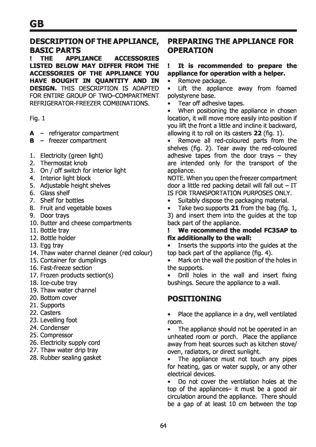 Smeg FC35AP, FC32AP manual Description Of The Appliance, Basic Parts, Preparing The Appliance For Operation, Positioning 