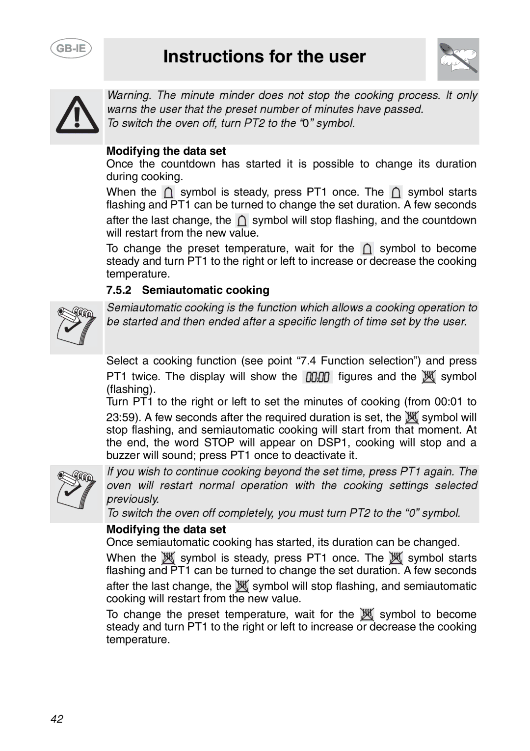 Smeg FCM60X1, FC66B1, FC66N1, FC66X1 manual Modifying the data set, Semiautomatic cooking 