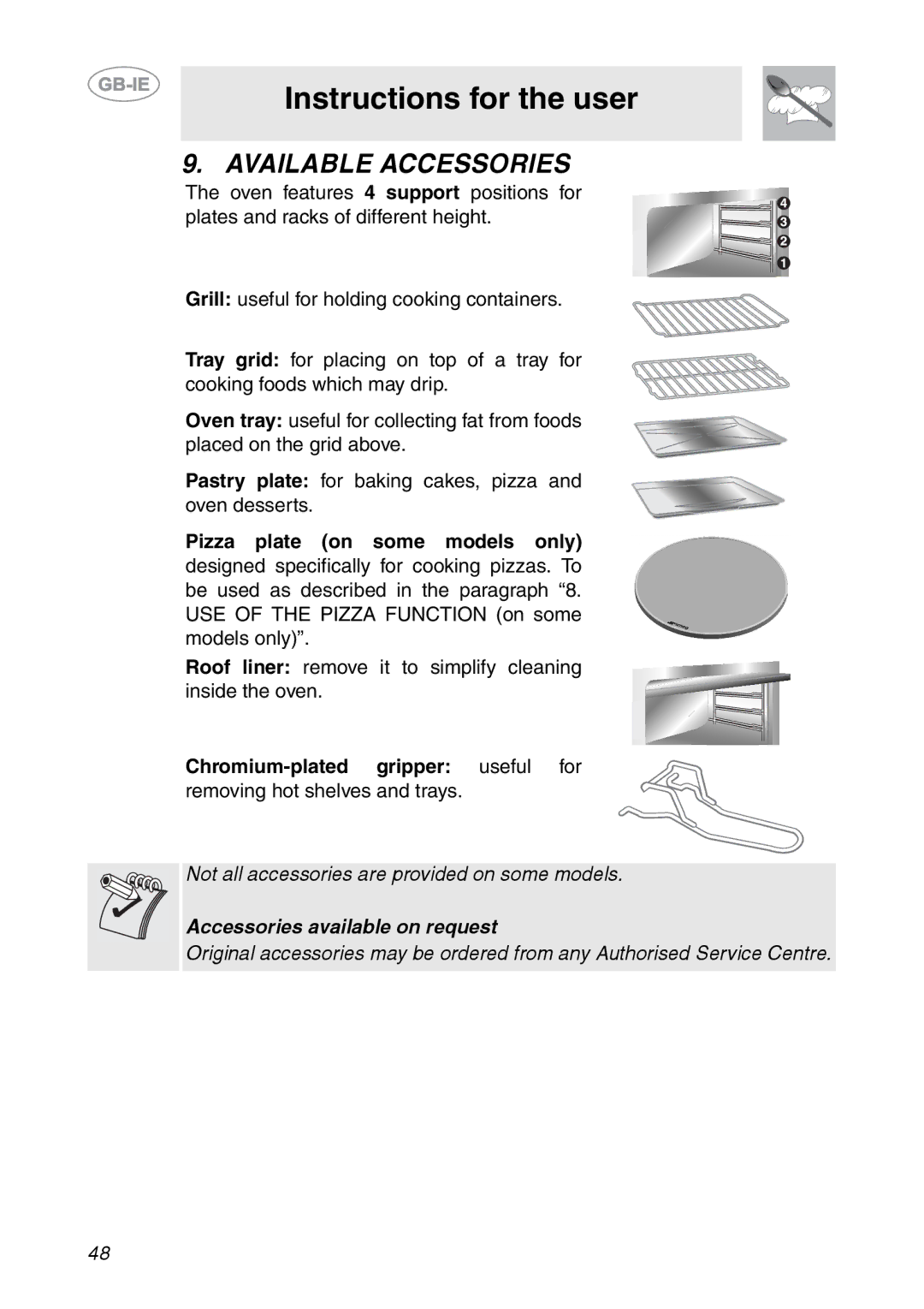 Smeg FCM60X1, FC66B1, FC66N1, FC66X1 manual Available Accessories, Pizza plate on some models only 