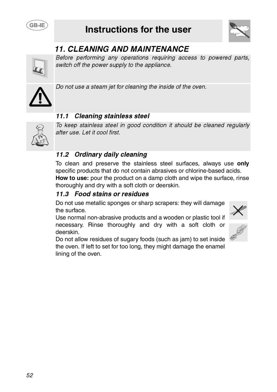 Smeg FCM60X1 manual Cleaning and Maintenance, Cleaning stainless steel, Ordinary daily cleaning, Food stains or residues 