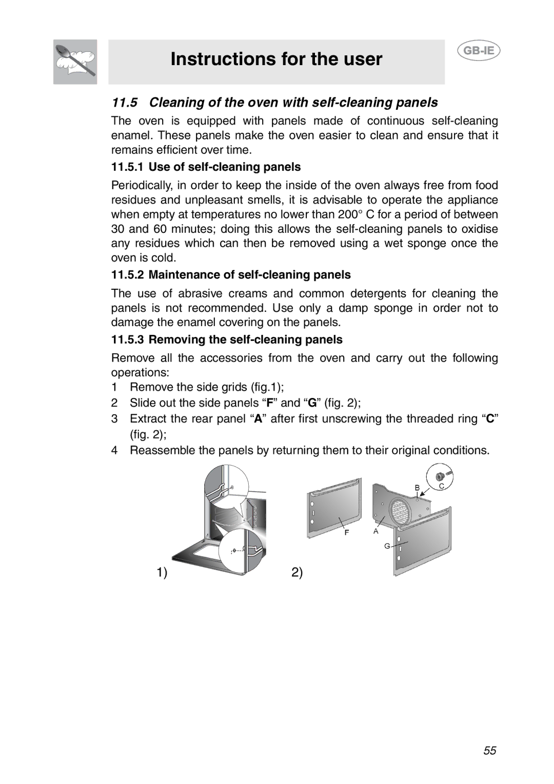 Smeg FC66B Cleaning of the oven with self-cleaning panels, Use of self-cleaning panels, Removing the self-cleaning panels 