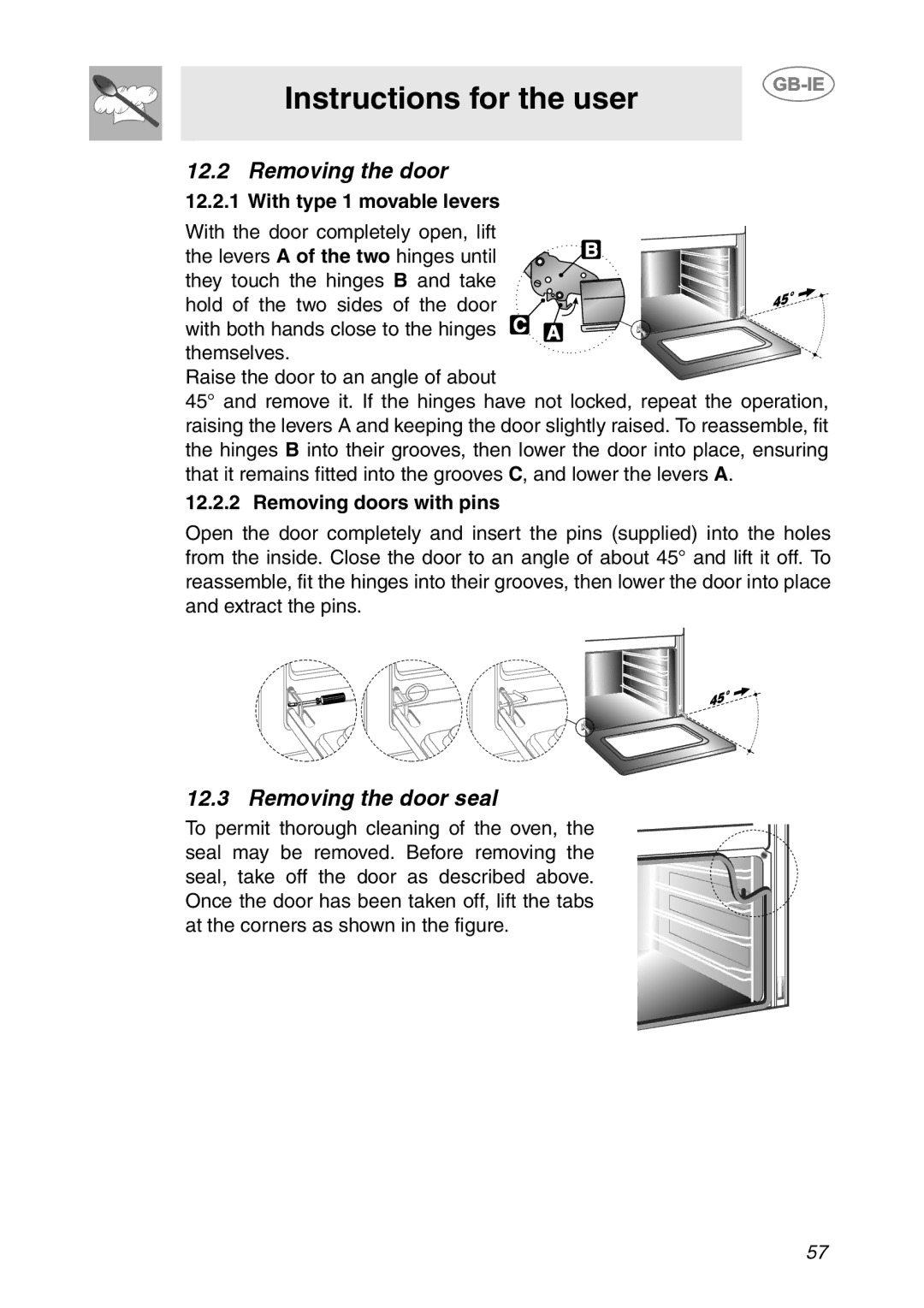 Smeg FC66B1, FCM60X1 Removing the door seal, Removing the door 12.2.1 With type 1 movable levers, Removing doors with pins 