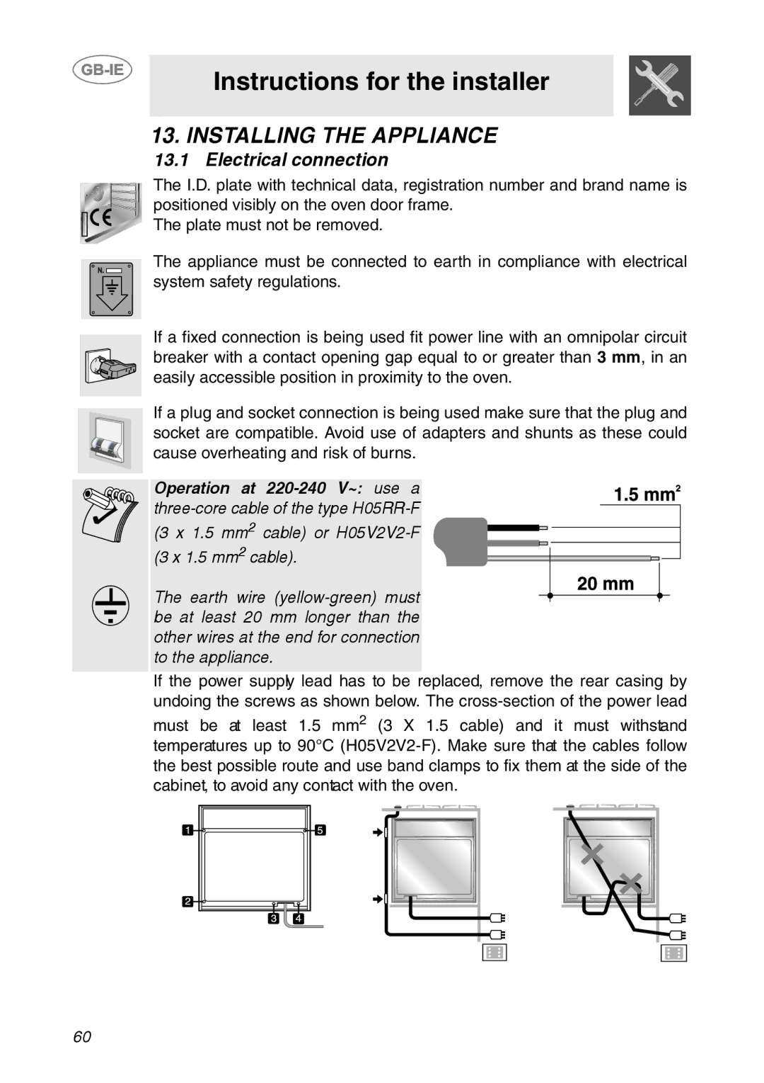 Smeg FCM60X1, FC66B1, FC66X, FC66N1 Instructions for the installer, Installing the Appliance, Electrical connection 